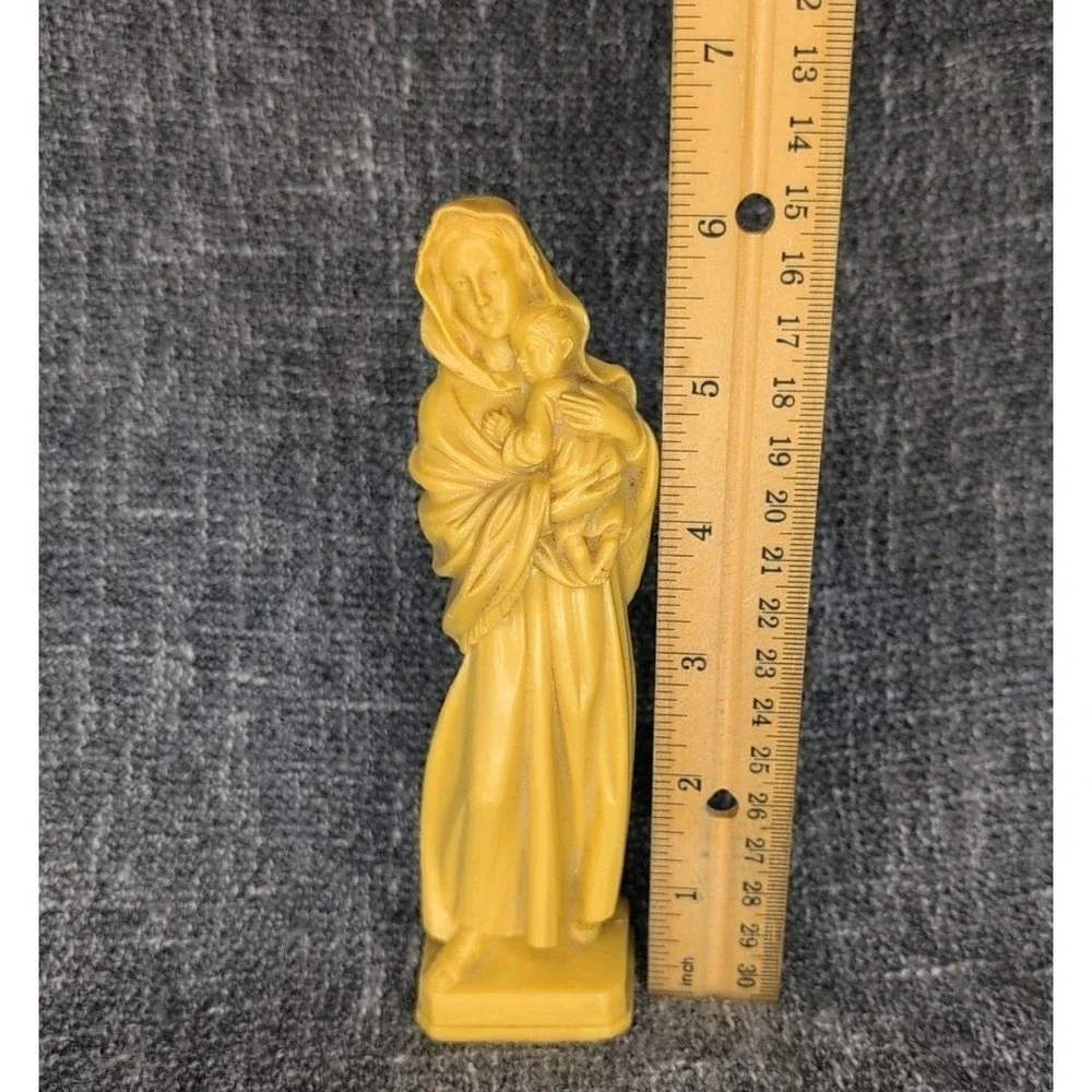 Vintage Madonna & Child Figurine Yellow Virgin Mary Statue Religious Decor 6.5